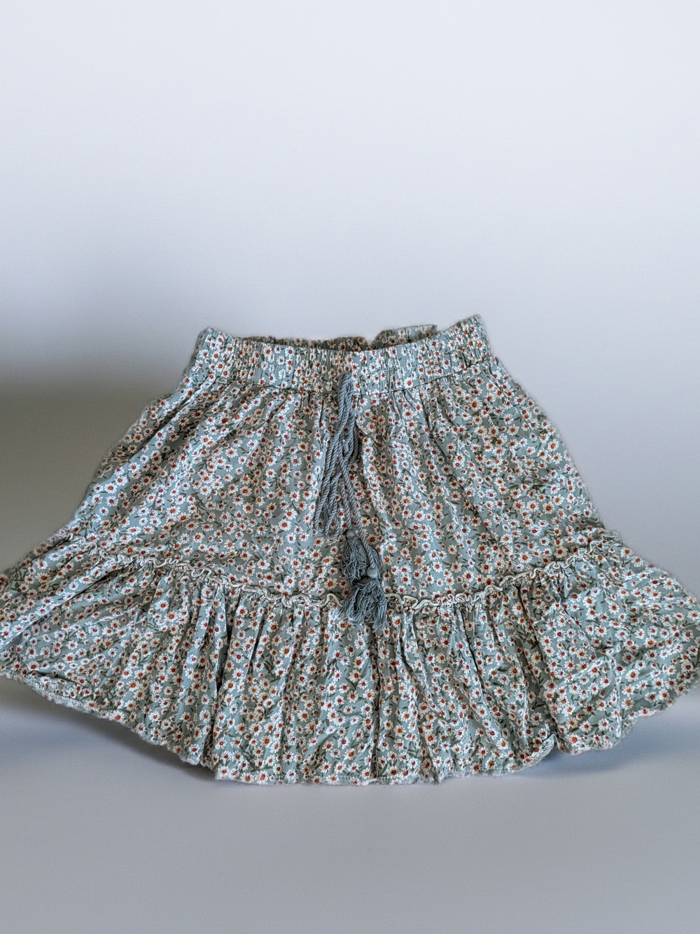 Simple Sage Green Floral Tiered Skirt with Tassel Tie‎